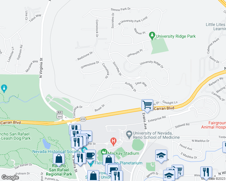map of restaurants, bars, coffee shops, grocery stores, and more near 762 Diogenes Drive in Reno