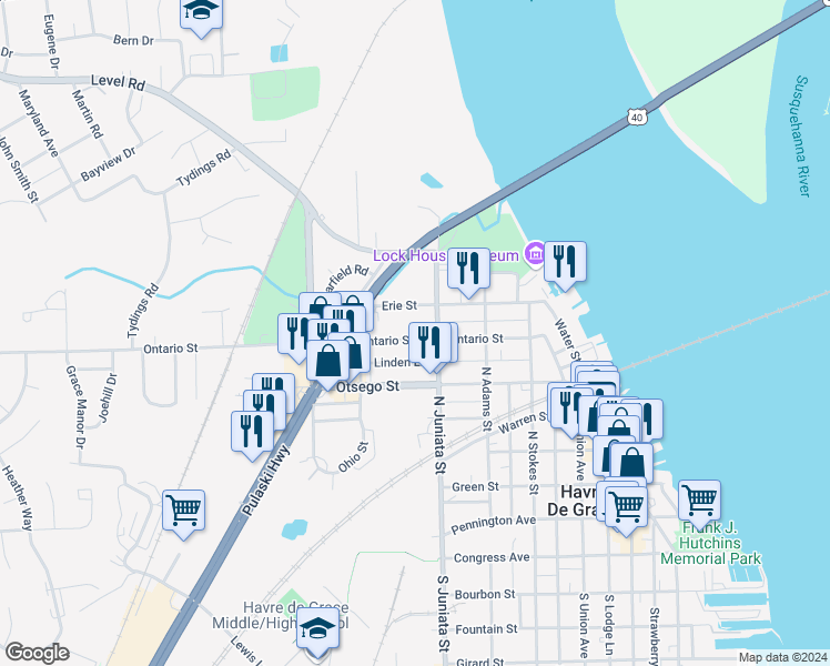 map of restaurants, bars, coffee shops, grocery stores, and more near 823 Ontario Street in Havre de Grace