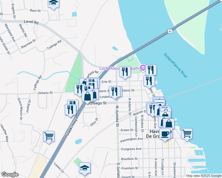 map of restaurants, bars, coffee shops, grocery stores, and more near 823 Ontario Street in Havre de Grace