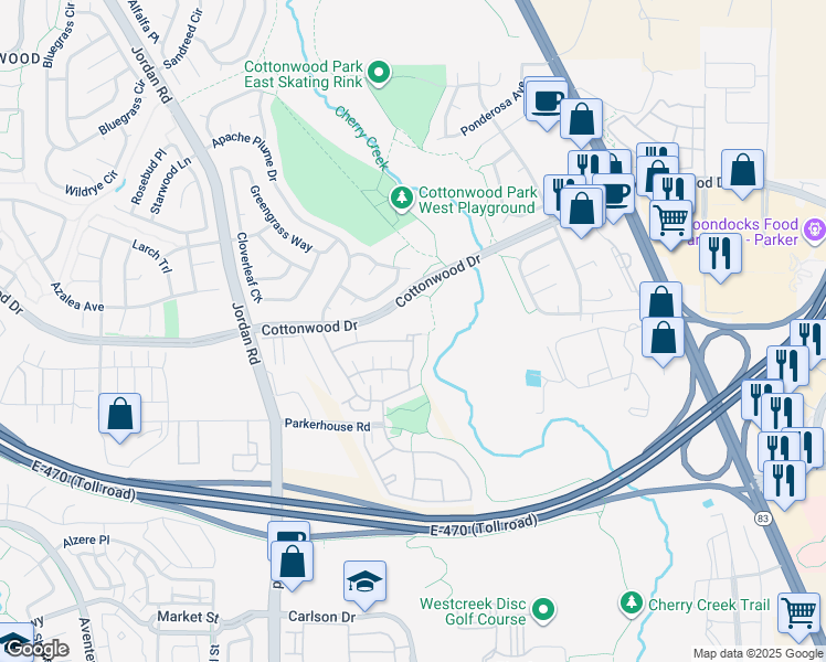map of restaurants, bars, coffee shops, grocery stores, and more near 17240 Yellow Rose Way in Parker