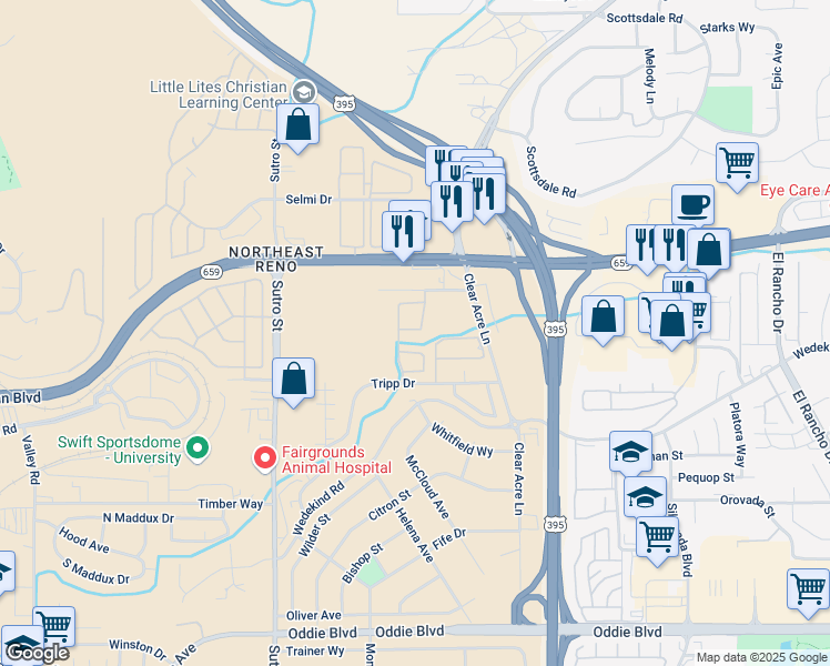 map of restaurants, bars, coffee shops, grocery stores, and more near 1524 Steelwood Lane in Reno