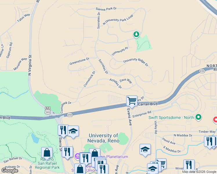 map of restaurants, bars, coffee shops, grocery stores, and more near 3156 Achilles Drive in Reno