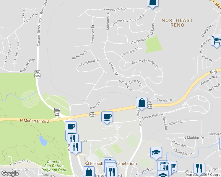 map of restaurants, bars, coffee shops, grocery stores, and more near 3156 Achilles Drive in Reno