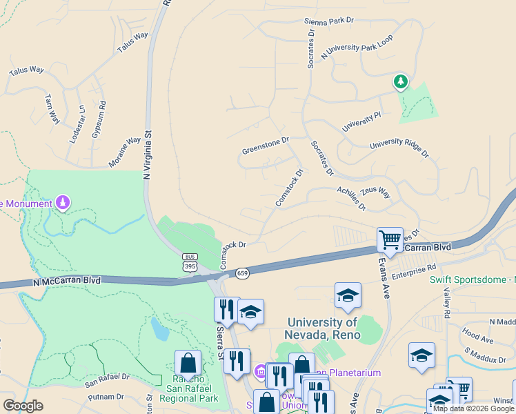 map of restaurants, bars, coffee shops, grocery stores, and more near 645 Kane Court in Reno