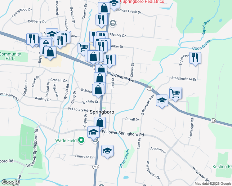 map of restaurants, bars, coffee shops, grocery stores, and more near 135 East North Street in Springboro