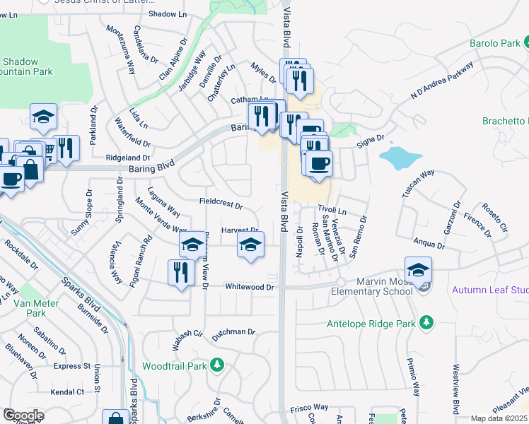 map of restaurants, bars, coffee shops, grocery stores, and more near 1898 Fieldcrest Drive in Sparks