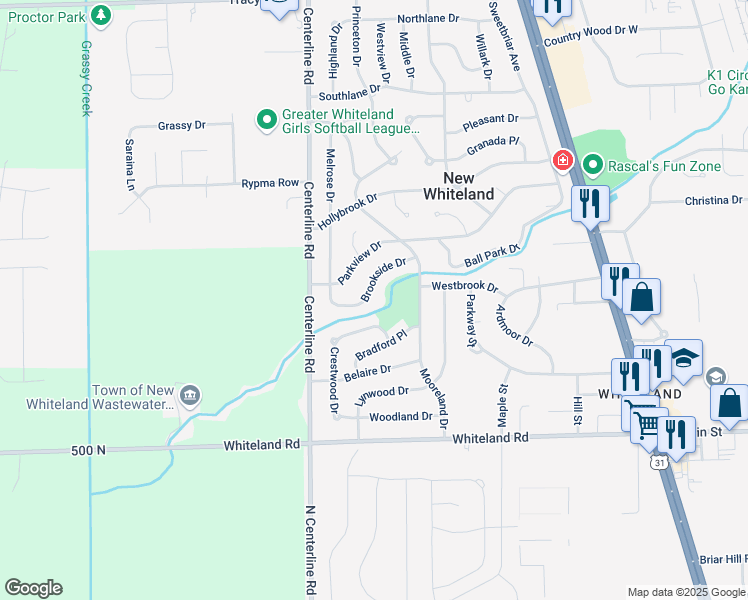 map of restaurants, bars, coffee shops, grocery stores, and more near 149 Brookside Drive in Whiteland