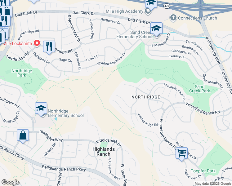 map of restaurants, bars, coffee shops, grocery stores, and more near 1510 Thistle Ridge Road in Littleton
