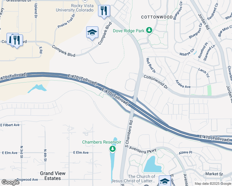 map of restaurants, bars, coffee shops, grocery stores, and more near E-470 in Parker