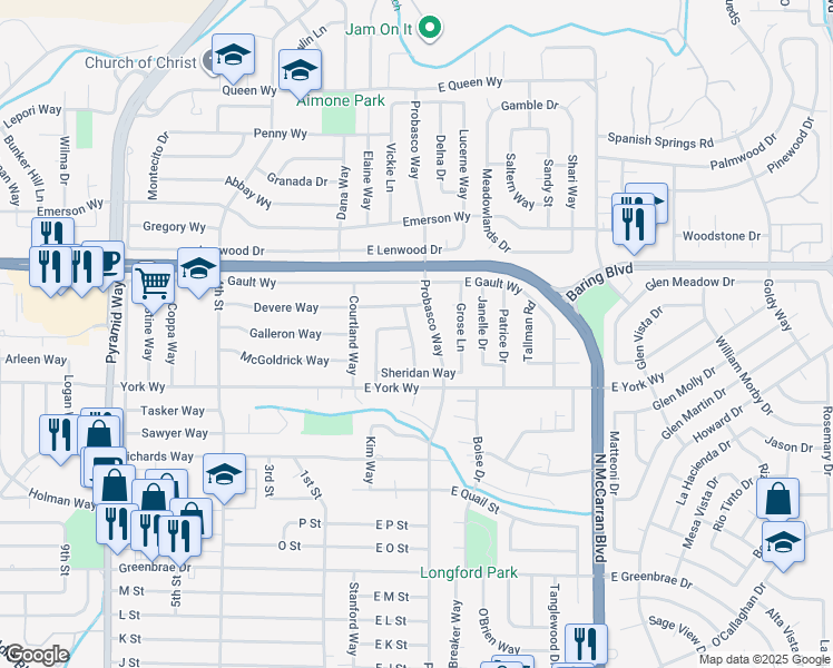 map of restaurants, bars, coffee shops, grocery stores, and more near 2789 Probasco Way in Sparks