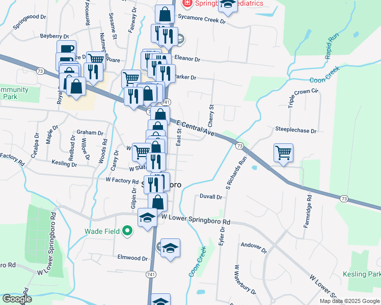 map of restaurants, bars, coffee shops, grocery stores, and more near 140 West Market Street in Springboro
