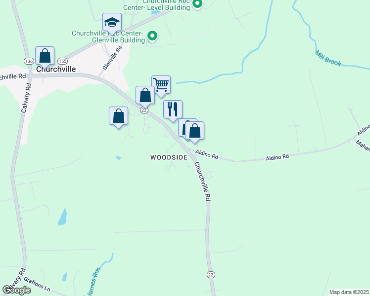 map of restaurants, bars, coffee shops, grocery stores, and more near 3050 Churchville Road in Churchville