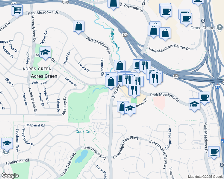 map of restaurants, bars, coffee shops, grocery stores, and more near 37 Maximus Drive in Lone Tree