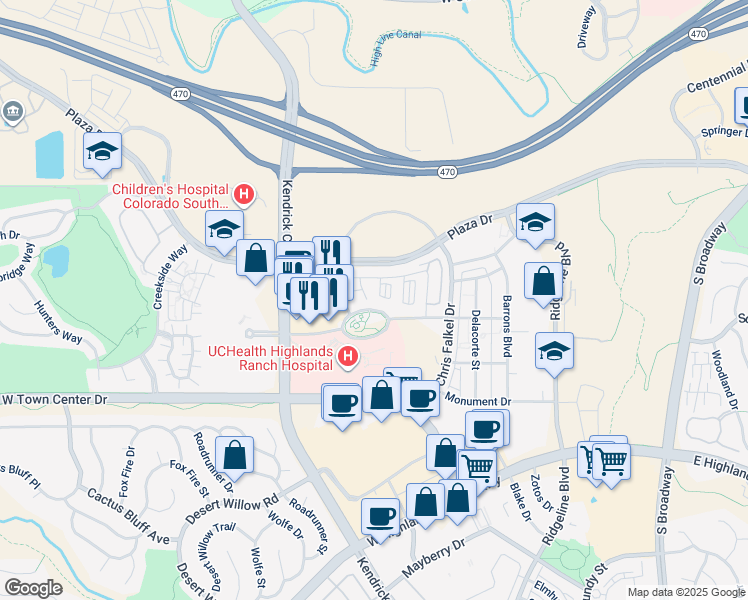 map of restaurants, bars, coffee shops, grocery stores, and more near 1300 Martha Street in Highlands Ranch