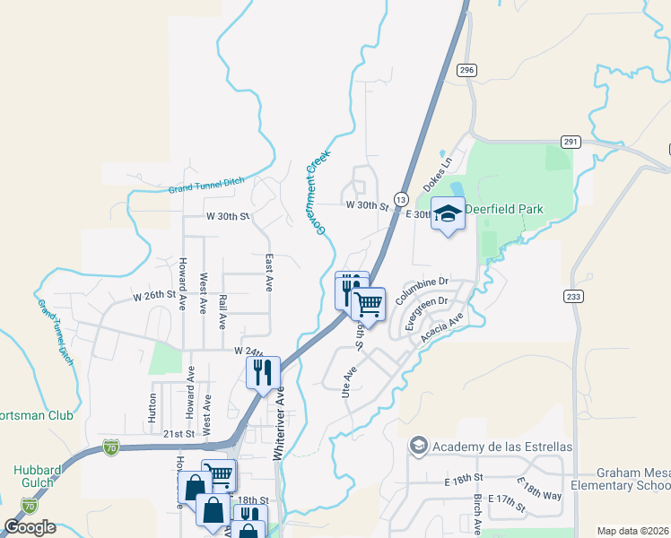 map of restaurants, bars, coffee shops, grocery stores, and more near 187 Willow Circle in Rifle