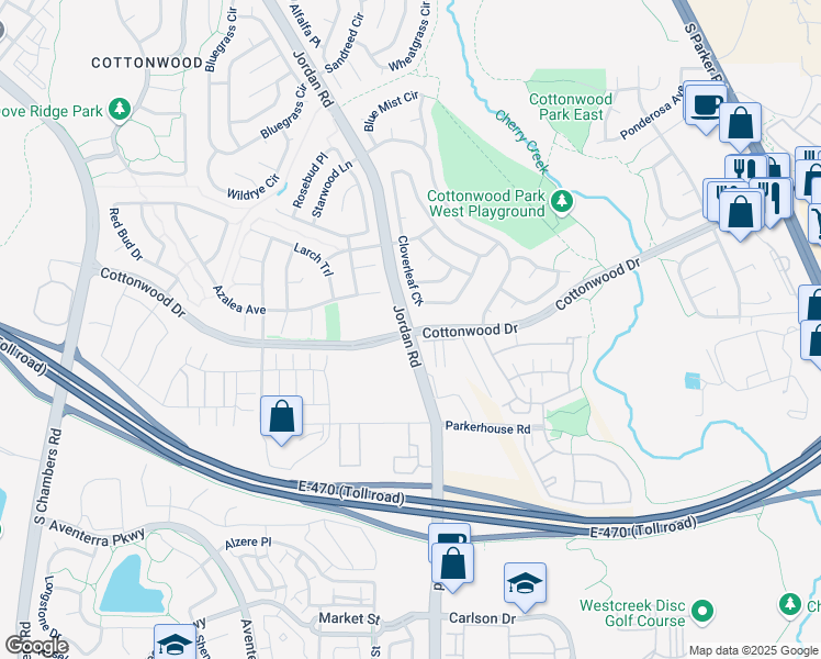 map of restaurants, bars, coffee shops, grocery stores, and more near Jordan Rd & Cottonwood Dr in Parker