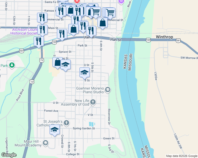 map of restaurants, bars, coffee shops, grocery stores, and more near 701 South 4th Street in Atchison