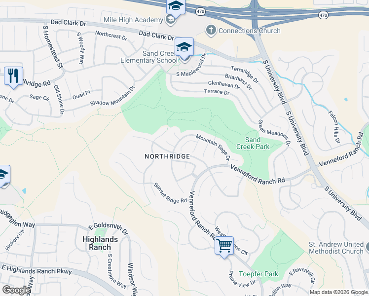 map of restaurants, bars, coffee shops, grocery stores, and more near 1915 Mountain Sage Drive in Littleton