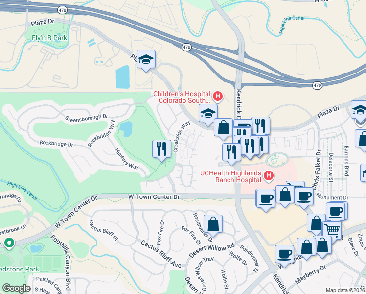 map of restaurants, bars, coffee shops, grocery stores, and more near 8881 Creekside Way in Highlands Ranch