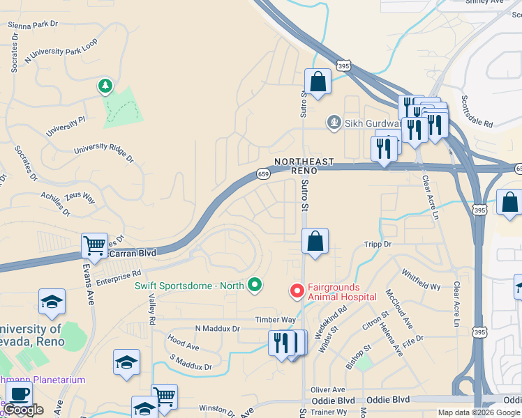 map of restaurants, bars, coffee shops, grocery stores, and more near 2715 Dahlia Way in Reno