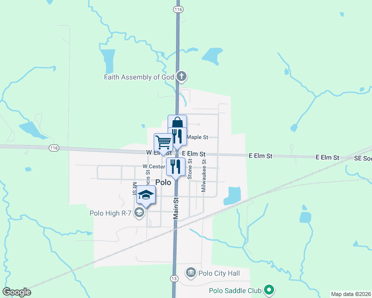 map of restaurants, bars, coffee shops, grocery stores, and more near 302 Main Street in Polo