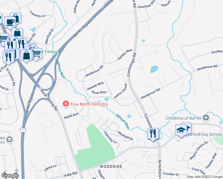 map of restaurants, bars, coffee shops, grocery stores, and more near 1013 Jeanett Way in Bel Air