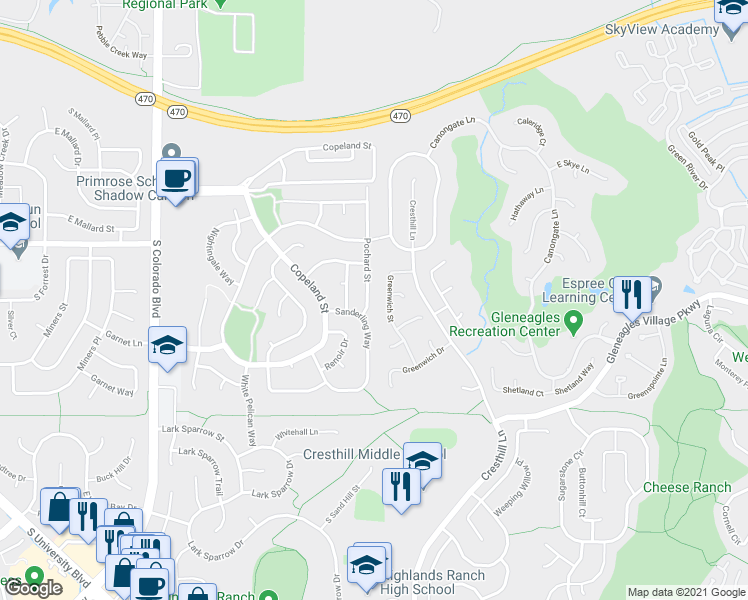 map of restaurants, bars, coffee shops, grocery stores, and more near 8856 Pochard Street in Littleton