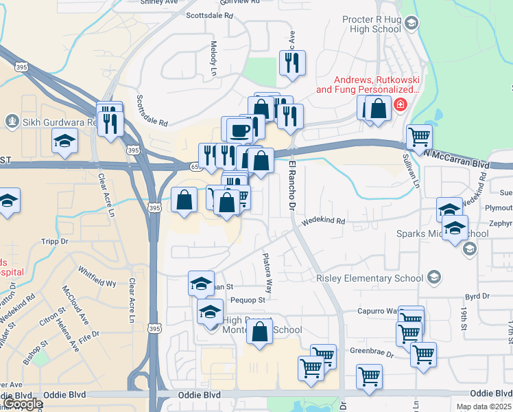 map of restaurants, bars, coffee shops, grocery stores, and more near 2880 Northtowne Lane in Reno