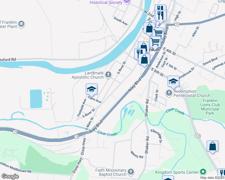 map of restaurants, bars, coffee shops, grocery stores, and more near 817 South Main Street in Franklin