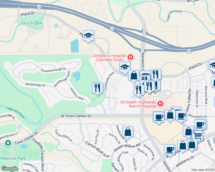 map of restaurants, bars, coffee shops, grocery stores, and more near 8881 Creekside Way in Highlands Ranch