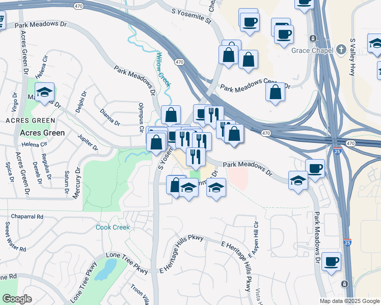 map of restaurants, bars, coffee shops, grocery stores, and more near 9226 Park Meadows Drive in Lone Tree