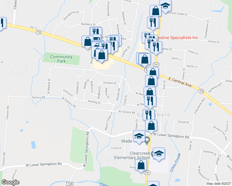 map of restaurants, bars, coffee shops, grocery stores, and more near 5 Duncan Court in Springboro