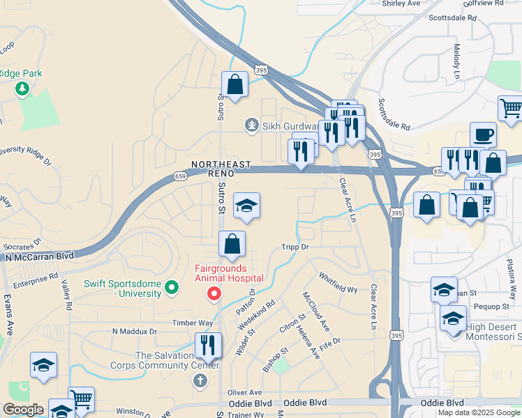 map of restaurants, bars, coffee shops, grocery stores, and more near 2880 Sutro Street in Reno