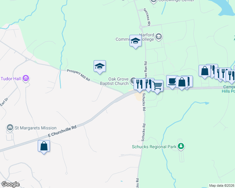 map of restaurants, bars, coffee shops, grocery stores, and more near 2024 East Churchville Road in Bel Air