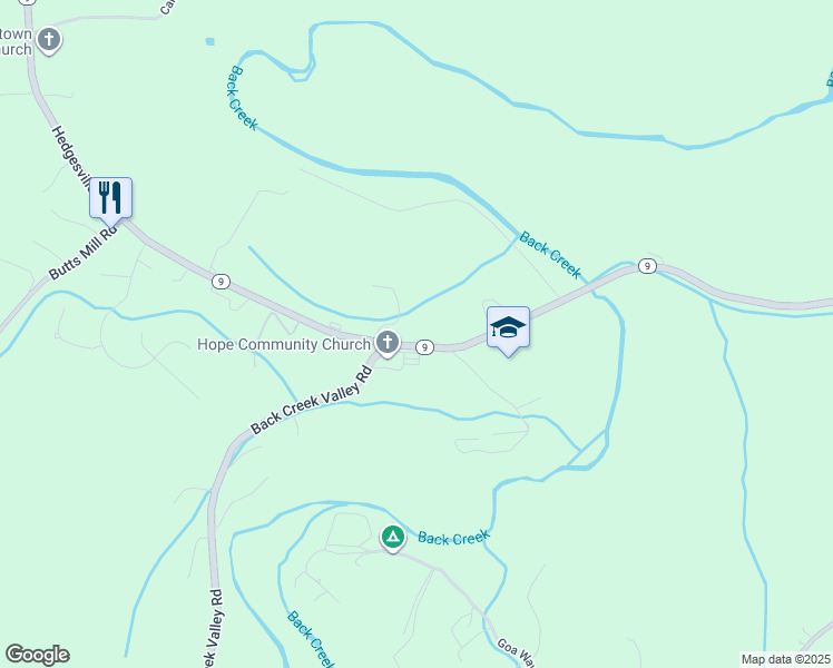 map of restaurants, bars, coffee shops, grocery stores, and more near 6824 Hedgesville Road in Hedgesville