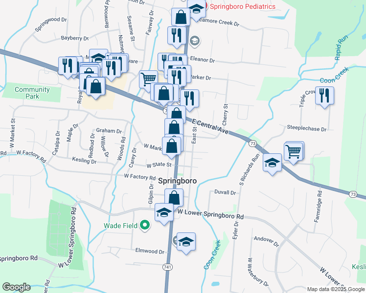 map of restaurants, bars, coffee shops, grocery stores, and more near 120 South Main Street in Springboro
