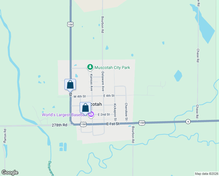 map of restaurants, bars, coffee shops, grocery stores, and more near 505 Kickapoo Street in Muscotah