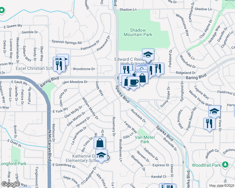 map of restaurants, bars, coffee shops, grocery stores, and more near 1215 Baring Boulevard in Sparks