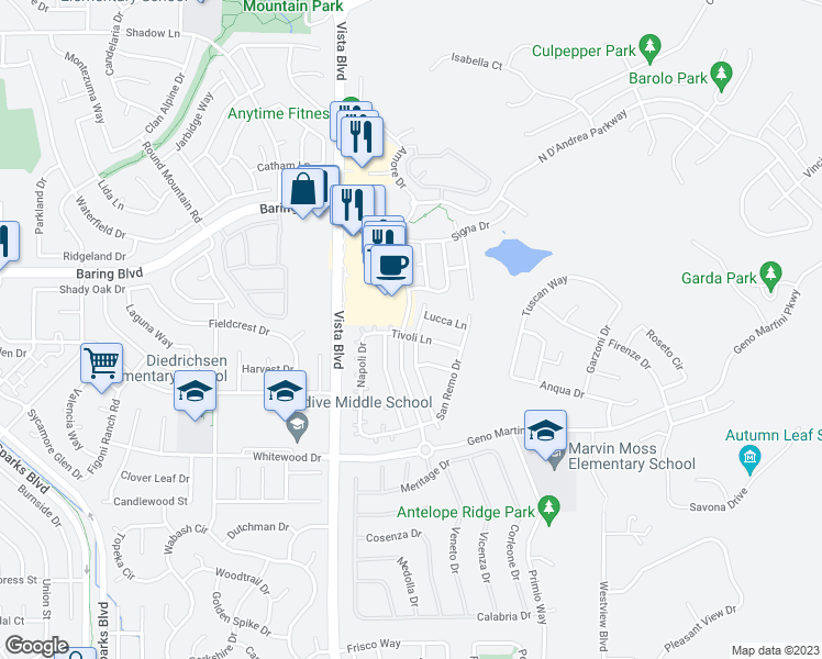 map of restaurants, bars, coffee shops, grocery stores, and more near 2605 Venezia Drive in Sparks