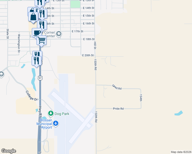 map of restaurants, bars, coffee shops, grocery stores, and more near 1712 150th Road in Concordia