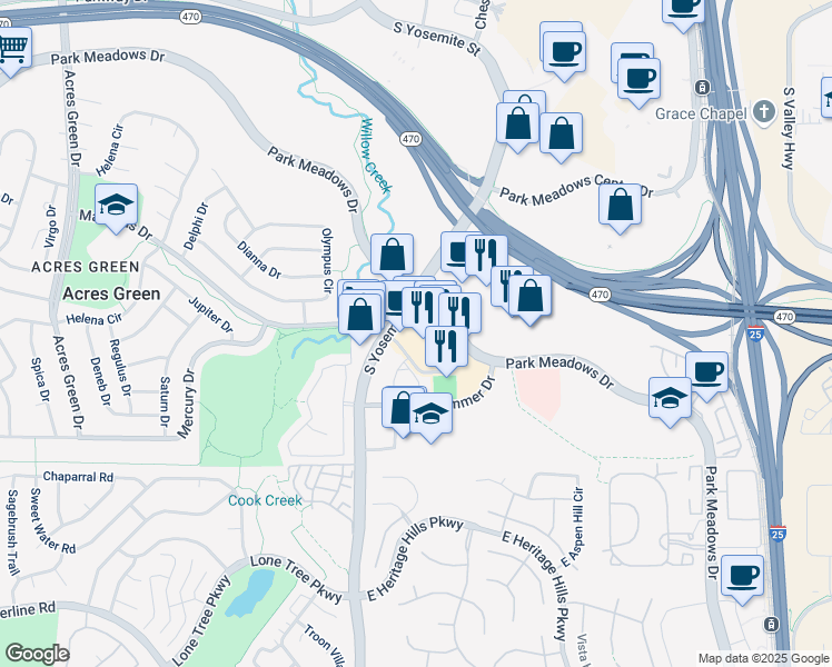 map of restaurants, bars, coffee shops, grocery stores, and more near 9226 Park Meadows Drive in Lone Tree