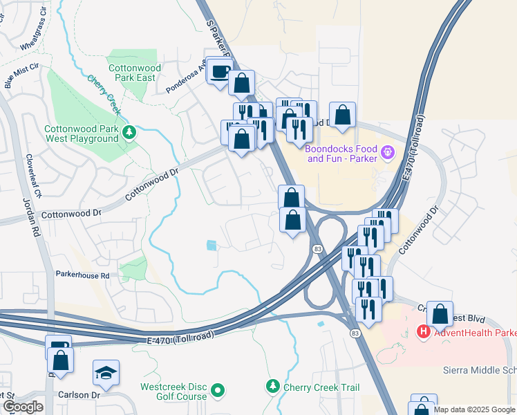 map of restaurants, bars, coffee shops, grocery stores, and more near 18002 Becket Drive in Parker