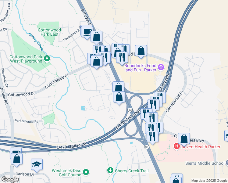 map of restaurants, bars, coffee shops, grocery stores, and more near 18034 Becket Drive in Parker