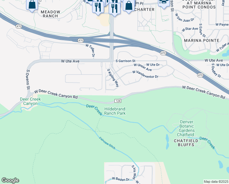 map of restaurants, bars, coffee shops, grocery stores, and more near 10061 West Vandeventor Drive in Littleton