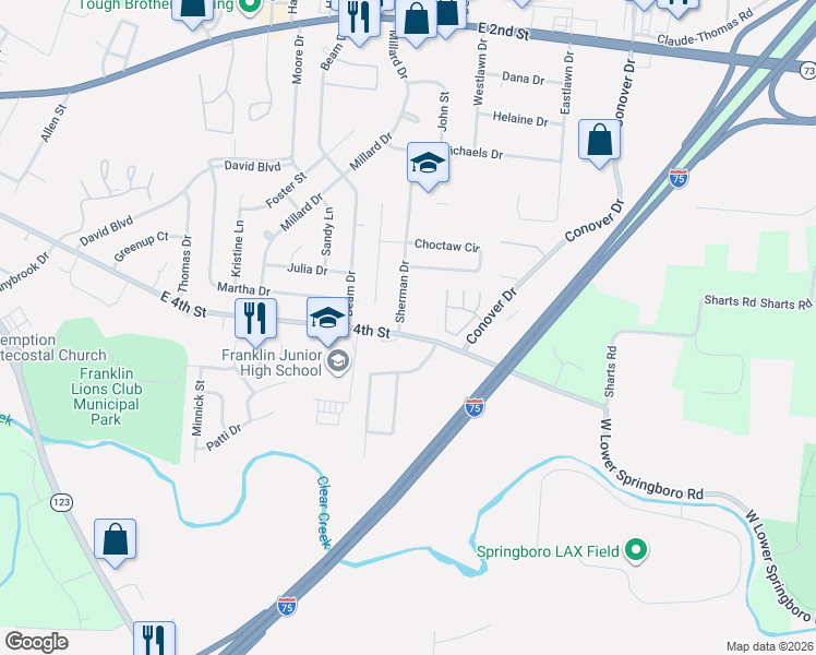 map of restaurants, bars, coffee shops, grocery stores, and more near 572 Sherman Drive in Franklin