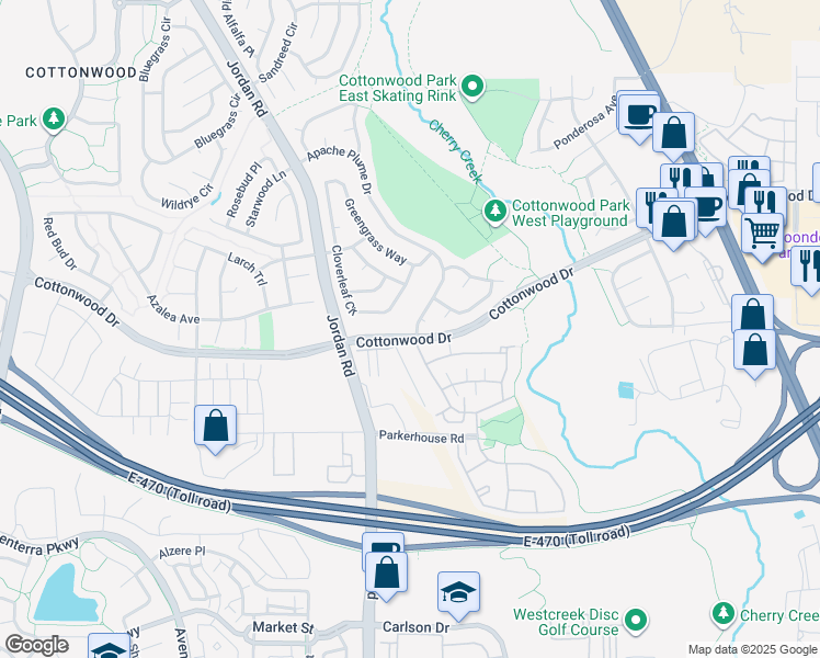 map of restaurants, bars, coffee shops, grocery stores, and more near 8941 Apache Plume Drive in Parker
