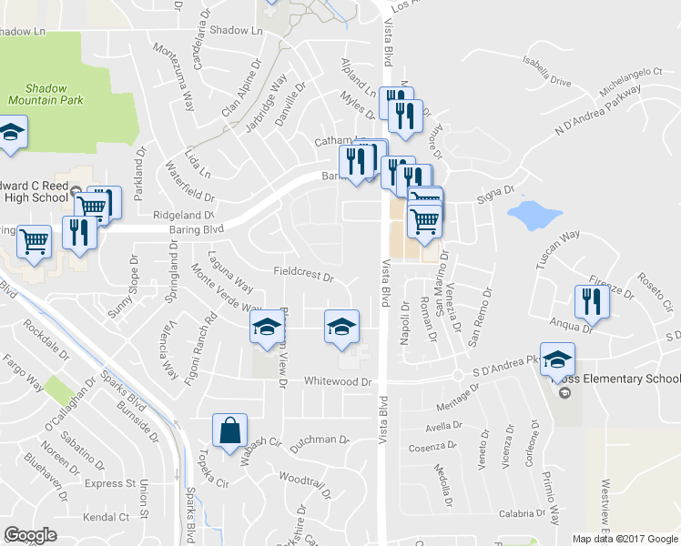 map of restaurants, bars, coffee shops, grocery stores, and more near 1898 Fieldcrest Drive in Sparks