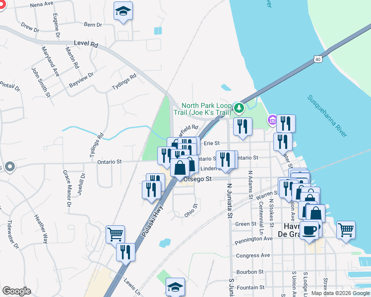 map of restaurants, bars, coffee shops, grocery stores, and more near 908 Erie Street in Havre de Grace