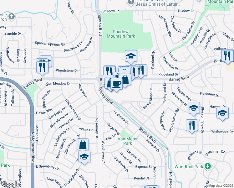map of restaurants, bars, coffee shops, grocery stores, and more near 1251 Baring Boulevard in Sparks