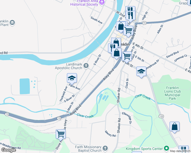 map of restaurants, bars, coffee shops, grocery stores, and more near 816 South Main Street in Franklin